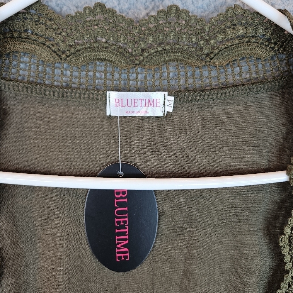 Bluetime Womens Green Long Line Open Front Lace Trim Cardigan Sz M=8/10 - Picture 6 of 11